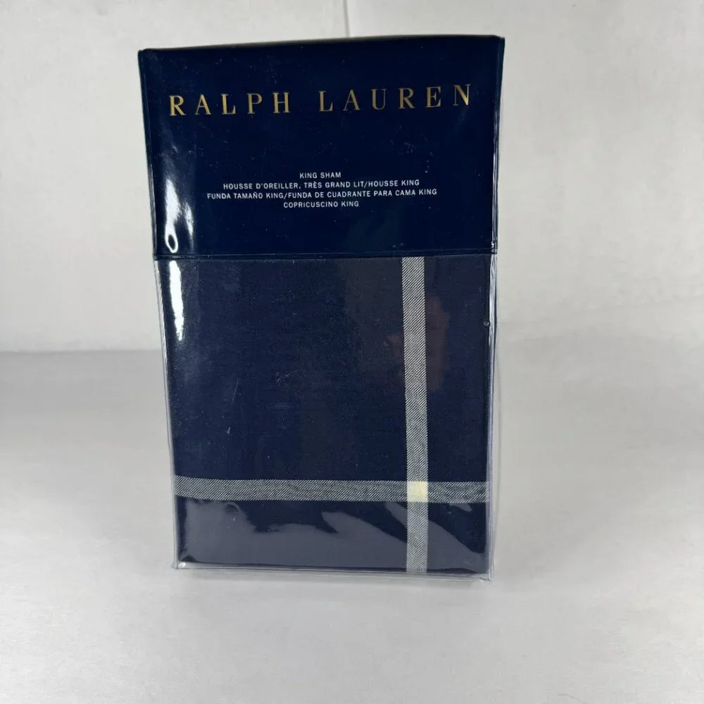 NWT Ralph Lauren Modern Equestrian Windowpane Navy/Cream King Duvet/shams set